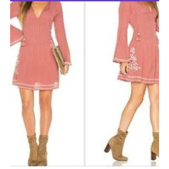 Tularosa Boho Pleated Embroidered Burnt Orange XS Womens Long Sleeve Lined Dress - Picture 2 of 9